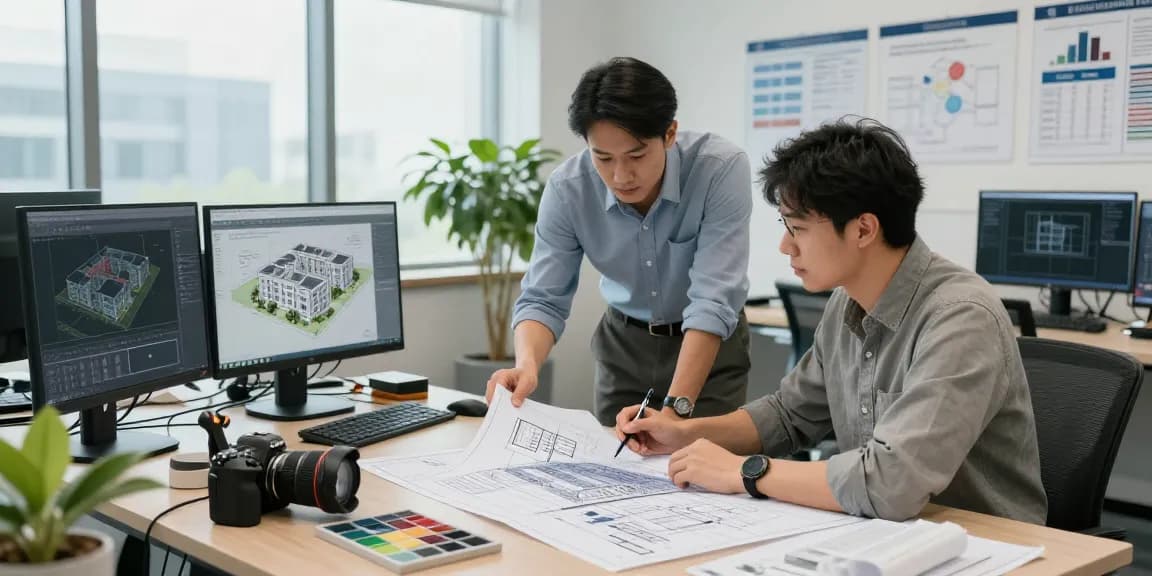 Structural Engineering Consultant USA team brainstorming over blueprints in a modern office setting