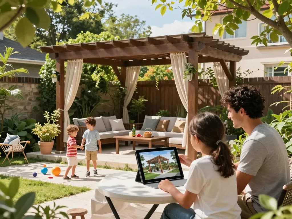 A family using Pergola Configurator Software to visualize their new pergola design in their backyard.