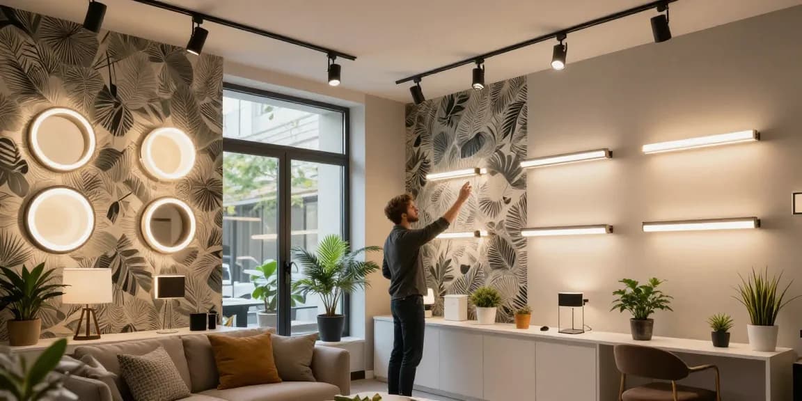 Design modern cu spoturi led în showroom, evidențiind iluminatul elegant și atmosfera confortabilă.