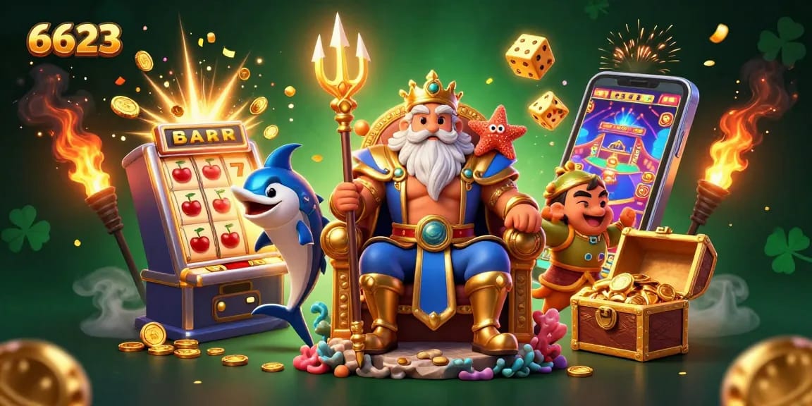 Engage with 6623's captivating gaming world, featuring Neptune and slot machines bursting with winnings.