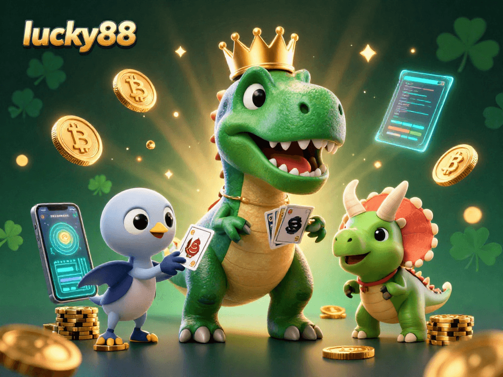 Engage with lucky88 while a cartoon dinosaur tries to shuffle cards, creating a lively casino scene.