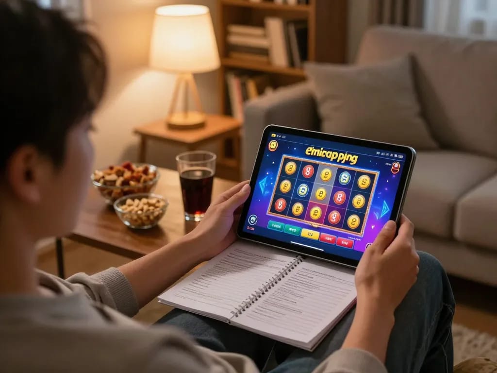 Person playing online slots on the ee88go platform comfortably at home, showcasing vibrant gameplay and cozy atmosphere