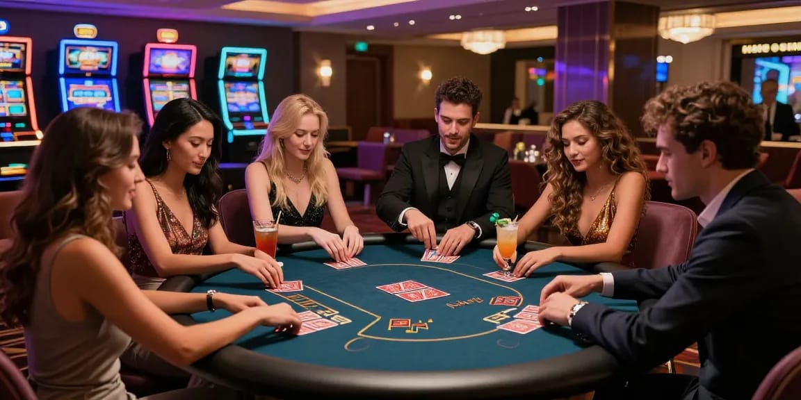 Group of friends enjoying an iwin gaming experience at a luxurious casino table.