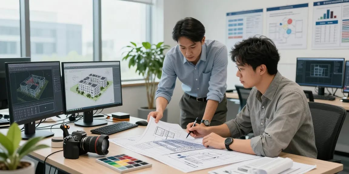 Structural Engineering Consultant USA team brainstorming over blueprints in a modern office setting