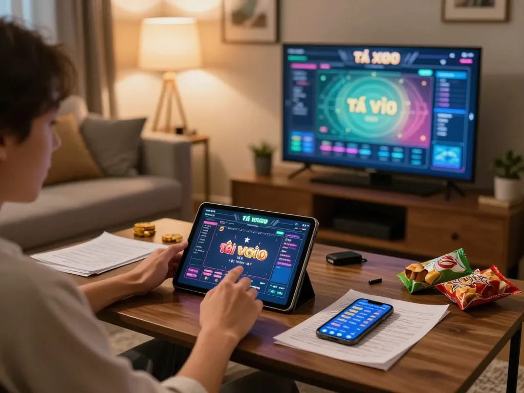 Player engaged in tài xỉu online gaming, cozy living room with strategy notes and tablet display.