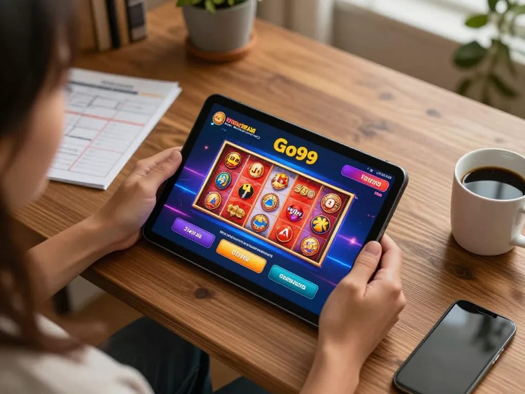 Engaging with the link go99 gaming interface on a tablet for a thrilling online casino experience.