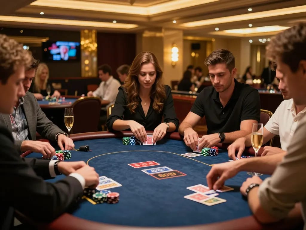 SUNWIN players engaging in strategy at an exclusive poker table in a luxurious casino.