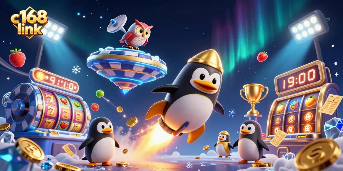 Experience the thrill of c168 link with a golden penguin racing toward a vibrant casino space station.
