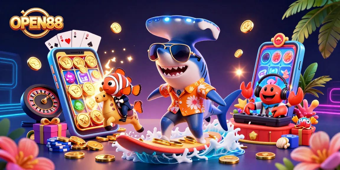 Experience the excitement of OPEN88 with a colorful 3D casino scene featuring vibrant characters and games.