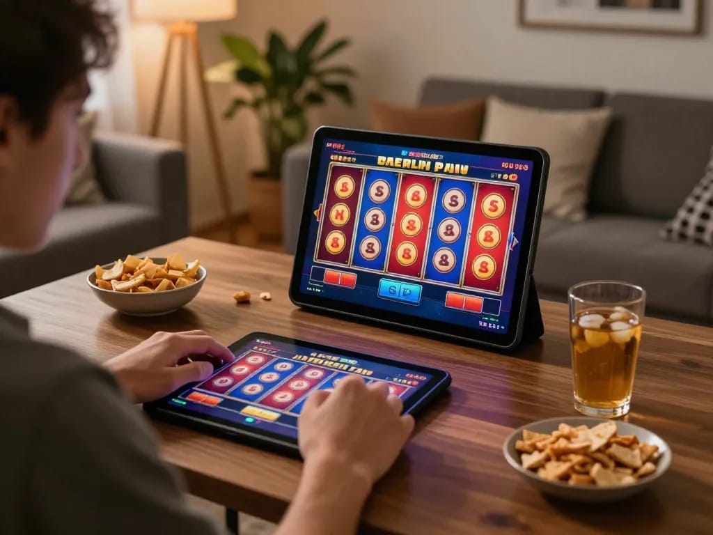 Engaging online gaming experience with nhà cái Jun88, showcasing a player strategically betting on vibrant slot games at home.