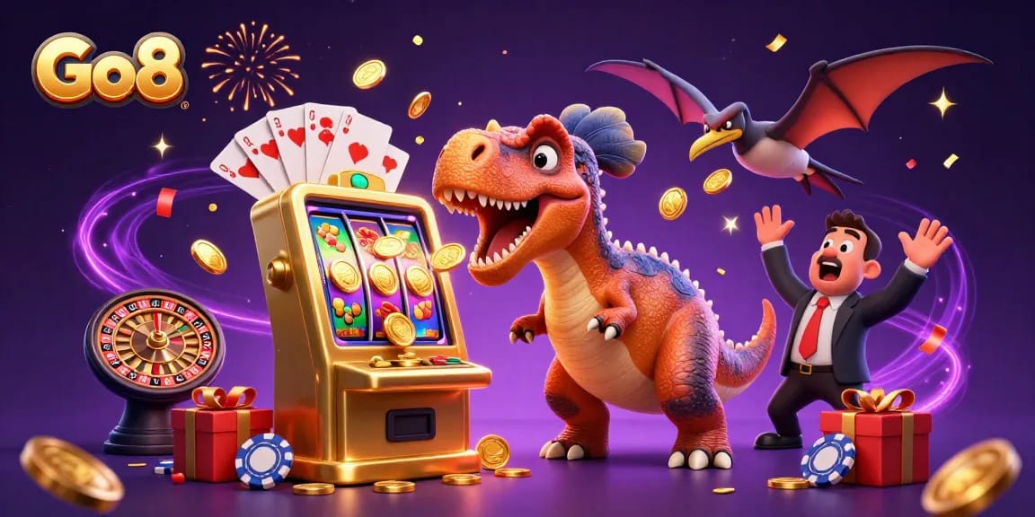 Go8 casino scene with a dinosaur headbutting a slot machine for jackpot coins amid chaos