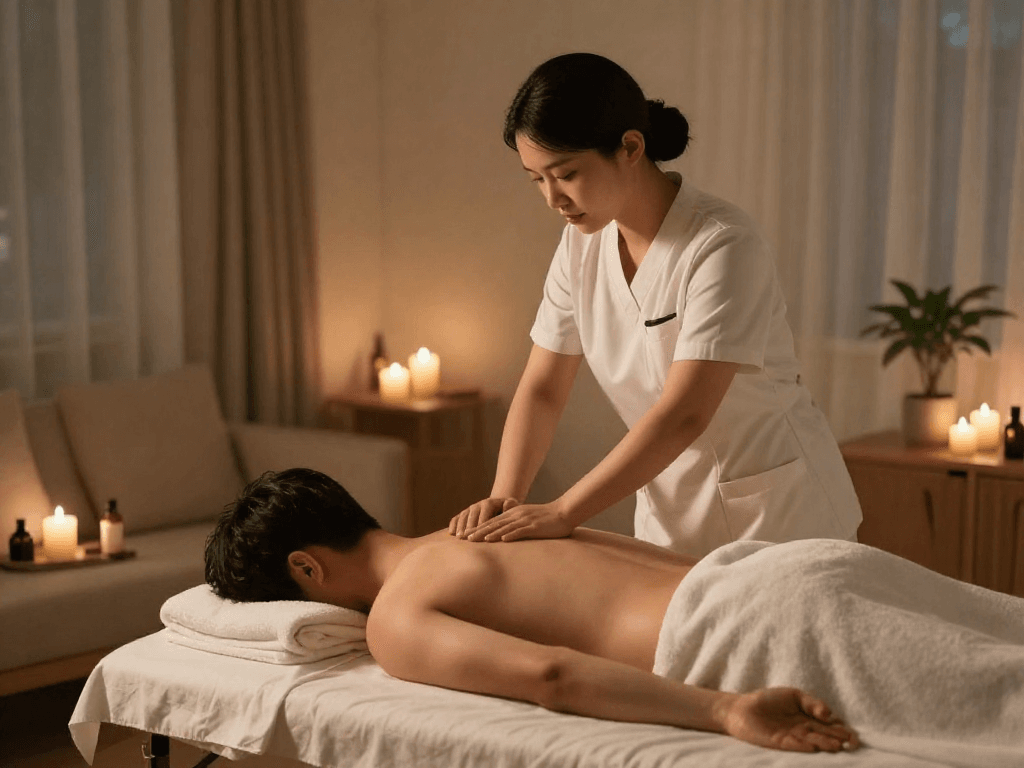 Professional Korean therapist delivering a soothing 구로출장안마 service in a tranquil home setting with ambient lighting.