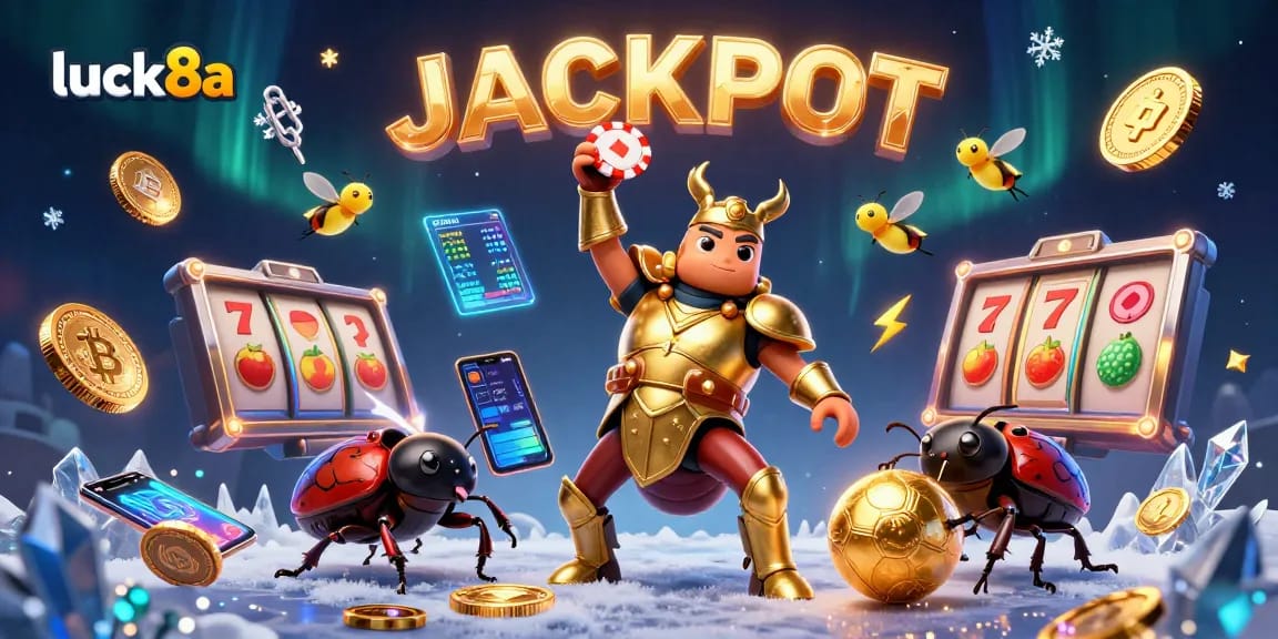 Experience luck8a with a victorious beetle in a vibrant casino-themed digital artwork.