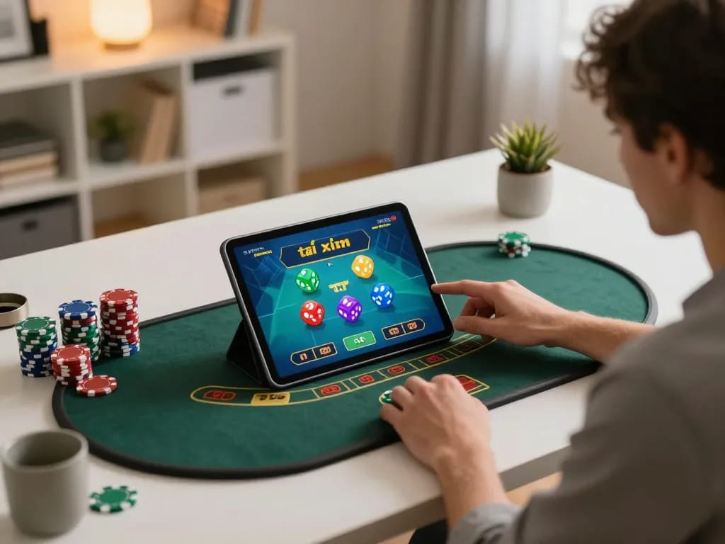Tài xỉu online gameplay on a tablet in a cozy home office setting, showcasing a dynamic dice game