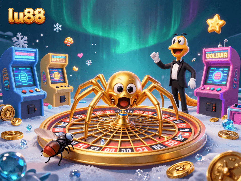 Engage with lu88's vibrant gaming scene featuring a lively roulette wheel, animated characters, and colorful arcade elements.