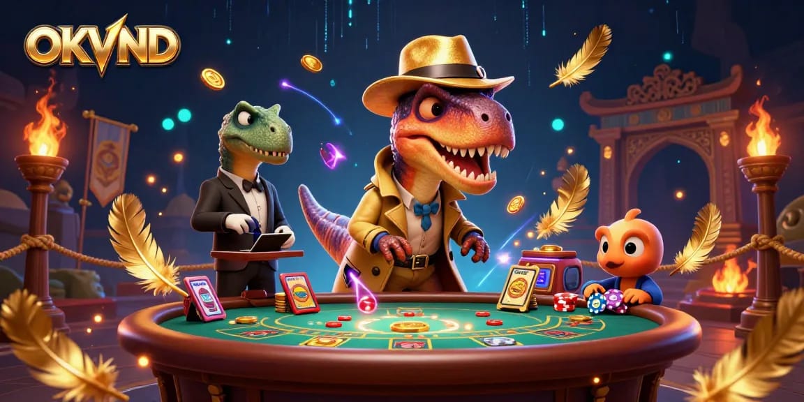 Engage in thrilling gameplay at OKVND with a velociraptor card counter and unique casino elements.