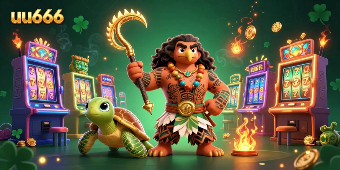 Engage with exciting games at uu666, featuring a playful Polynesian demigod with jackpot machines and vibrant casino elements.