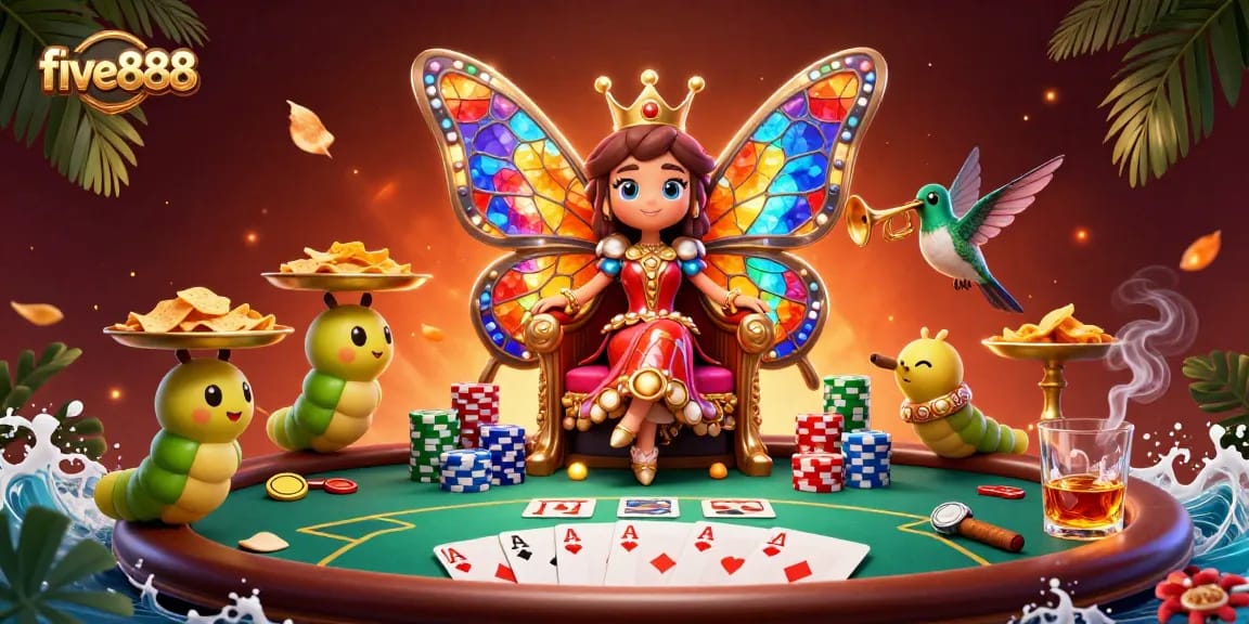 Experience five888's vibrant casino magic with a butterfly queen and poker elements in a lively scene.