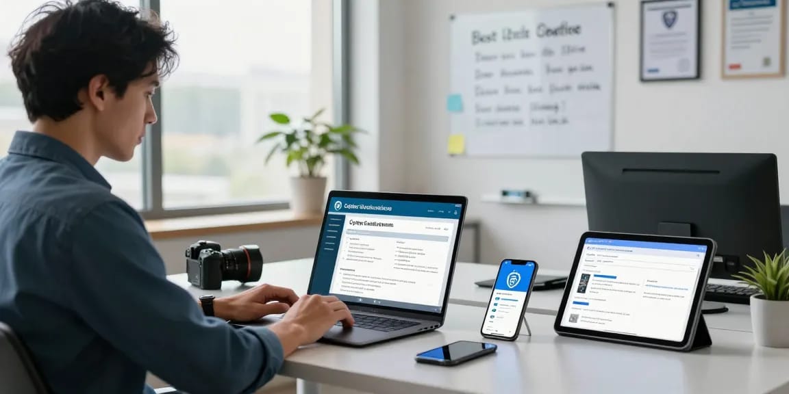 Consultant reviewing the cyber essentials questionnaire in a modern office setting, showcasing cybersecurity tools and compliance reports.