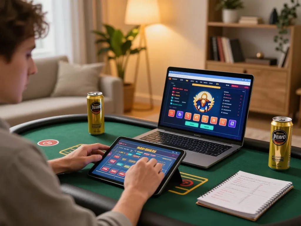 Engaged player enjoying 8day online casino app on tablet in a cozy home setup