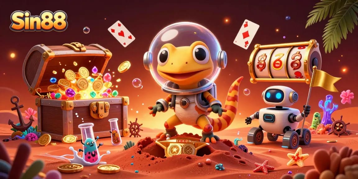 Experience the excitement of Sin88 with vibrant casino elements and a fun Martian scene!