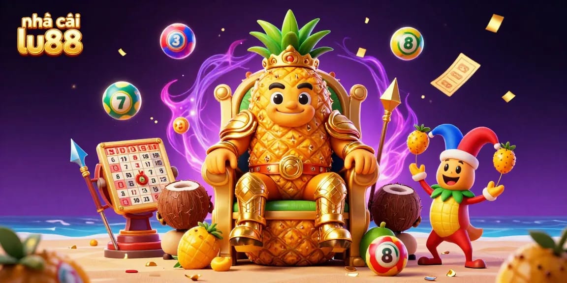 Engage with nhà cái lu88 through a vibrant casino scene featuring a golden pineapple king and exciting game elements.