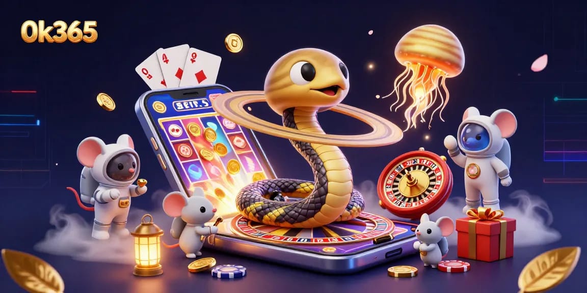 Experience thrilling fun at 0k365 with a cosmic casino scene featuring vibrant games and bets.