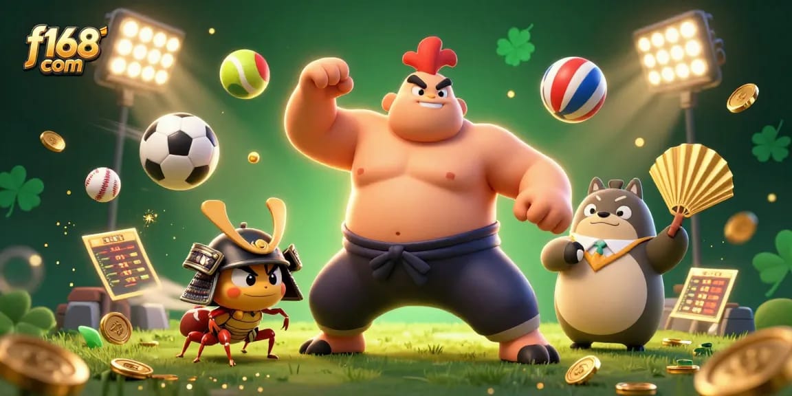 Experience thrilling gaming at f168 com with dynamic sports and casino action in a vibrant 3D illustration.
