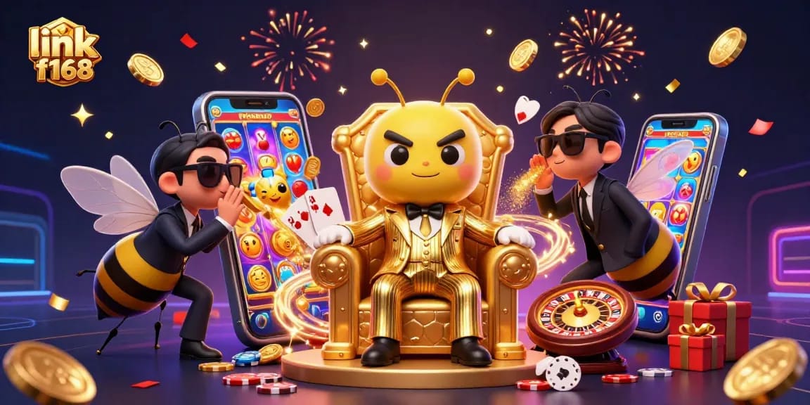 Engage with link f168's vibrant casino experience featuring a bumblebee mob boss and dynamic games.