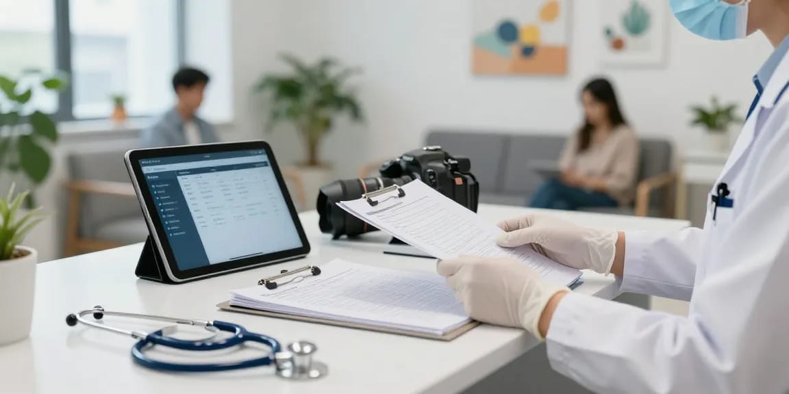Medical professional using gloves nitrile disposable at a hygienic healthcare workspace.