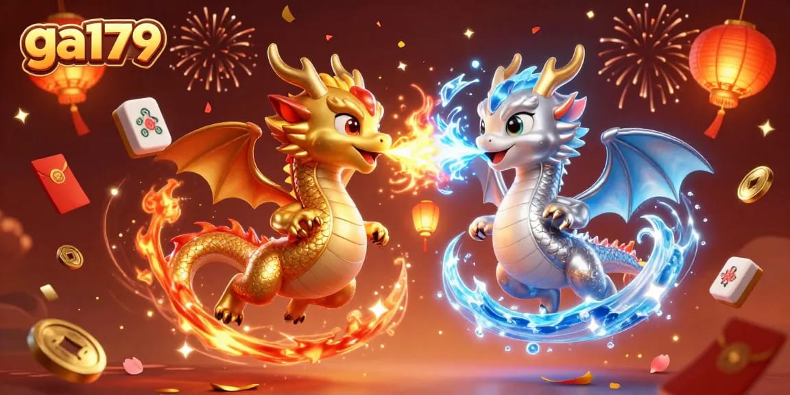 Experience thrilling gameplay at GA179, where gold and silver dragons battle amidst a vibrant casino backdrop.