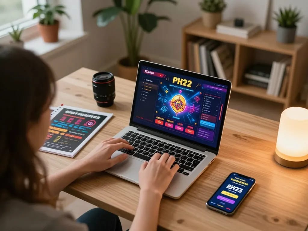 Player engaging with PH22 online casino on laptop in cozy home office, surrounded by strategy guides.