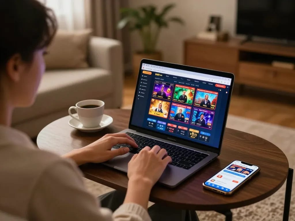 Person enjoying online gaming at gg88 com from home on laptop with warm atmosphere
