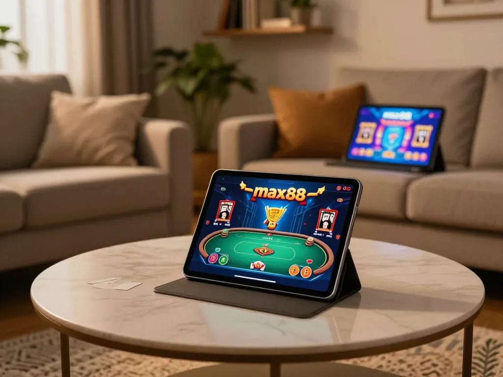 Player engaging with max88 online poker and slots on a tablet in a cozy home setting.