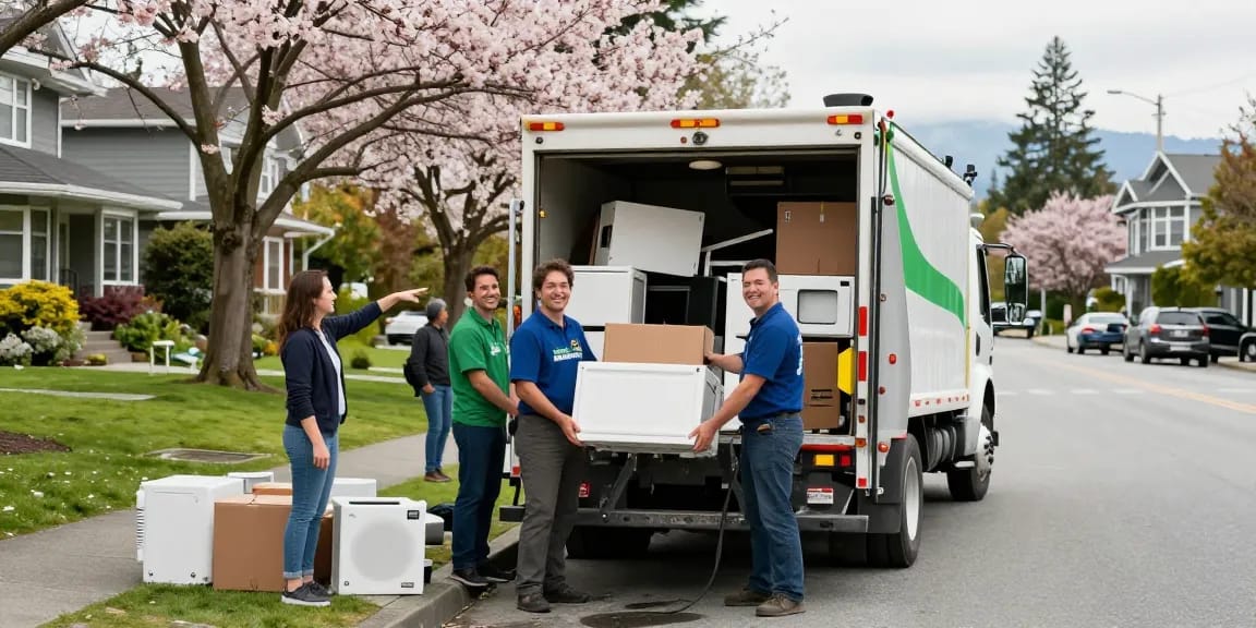 Waste Removal Vancouver team loading furniture into truck in a lively neighborhood