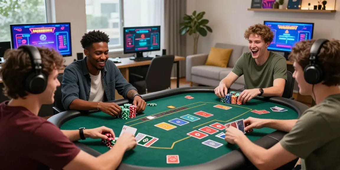 Engaged players enjoying intense card games on 68gamebai platform with colorful screens and cozy setting.