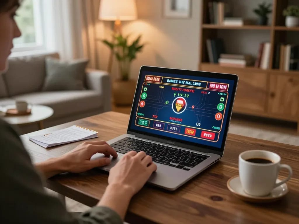 Player engaged in online casino gaming on their laptop at home with vin88lk website displayed.