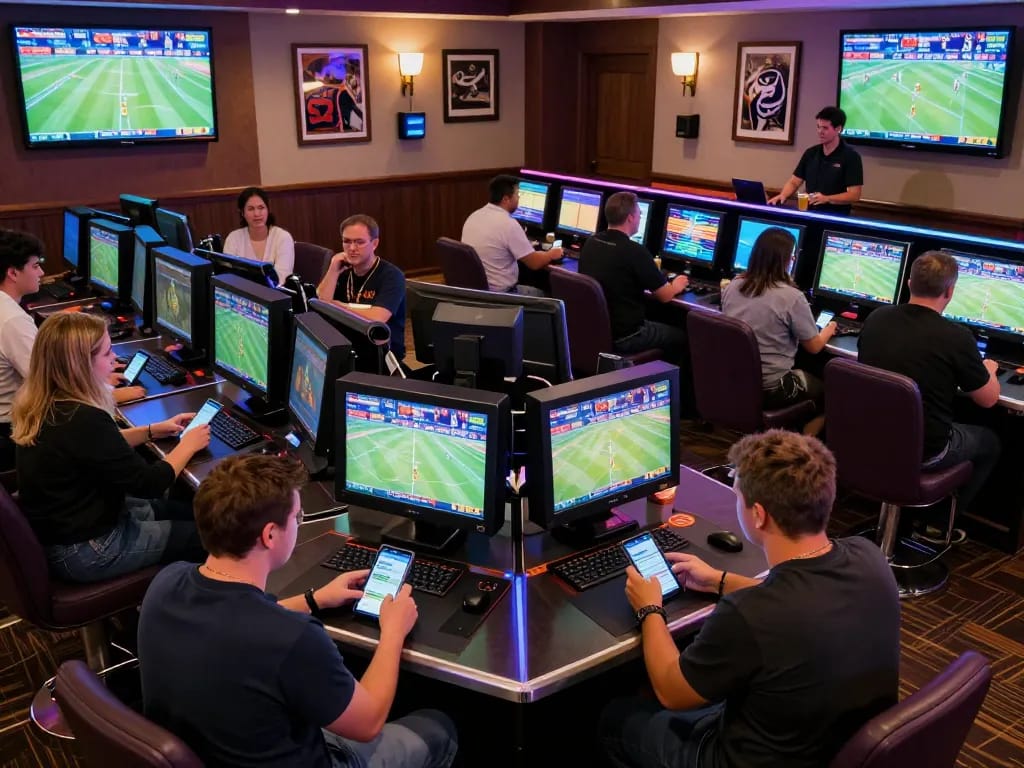 Link Lucky88 chính thức displayed in a vibrant sports betting lounge packed with engaged patrons placing bets