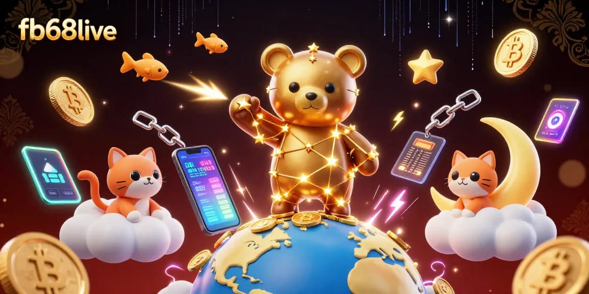 Engage with cryptocurrency gaming at fb68live, featuring a 3D bear and vibrant digital elements.