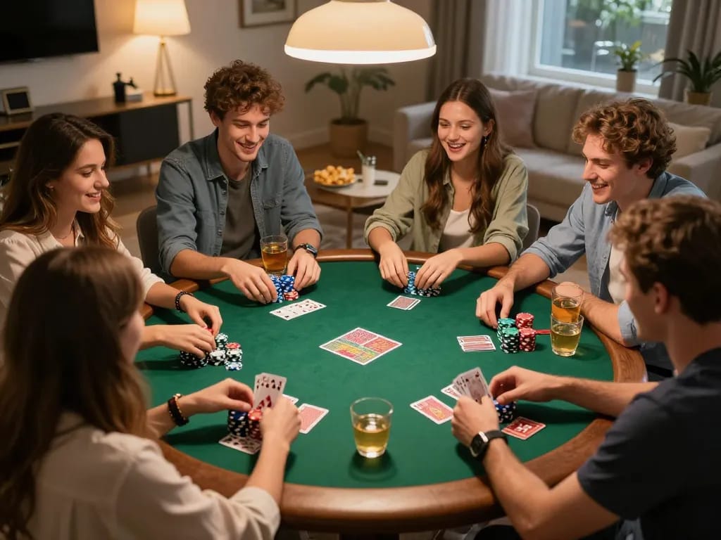 Bạn bè tận hưởng một đêm poker trong không gian chủ đề casino KO66, năng lượng sôi động và lối chơi hấp dẫn.
