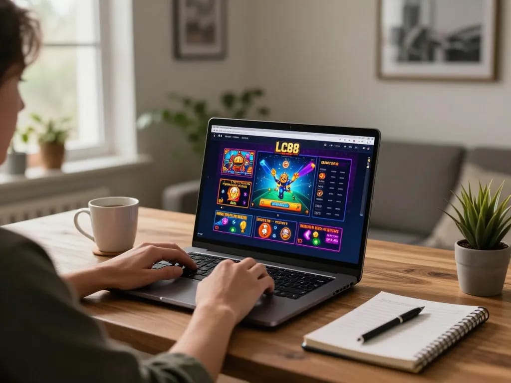 Engaging with the LC88 link through an online gaming setup in a cozy home office.