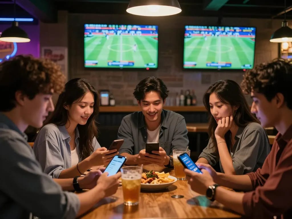 Friends strategizing on keonhacai sports betting apps at a lively bar