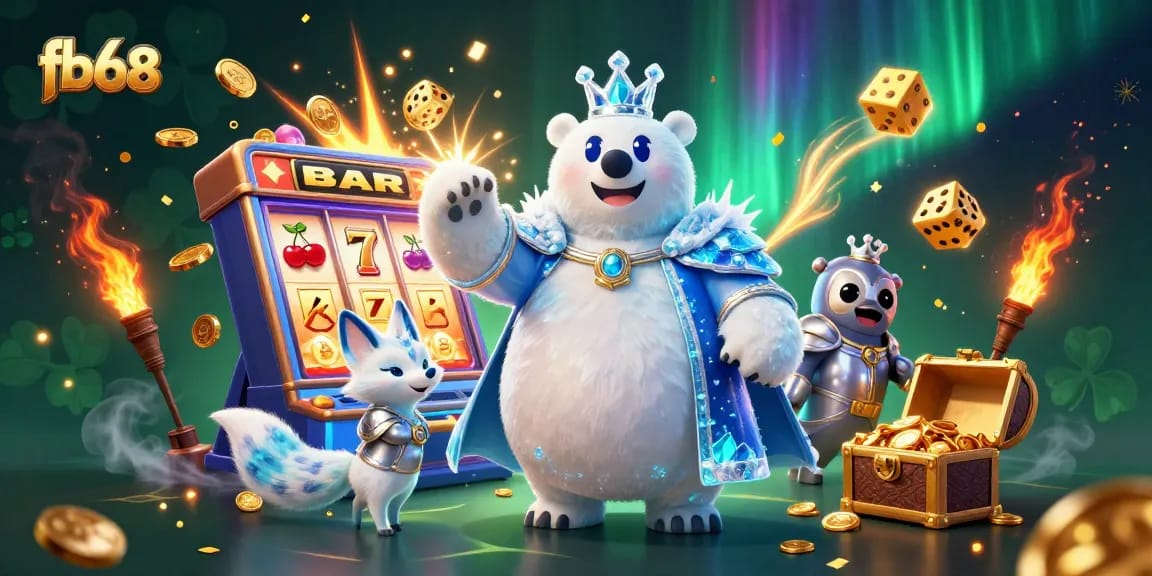 Engage with exciting wins at fb68 casino featuring a 3D bear and vibrant slot action.