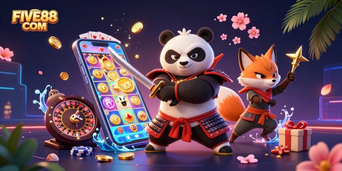 Engage with FIVE88 COM's vibrant gaming scene featuring unique characters and casino elements.