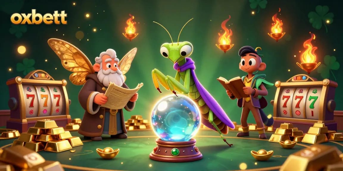 Engage with oxbett in a captivating casino scene featuring a fortune teller, gold bars, and slot machines.