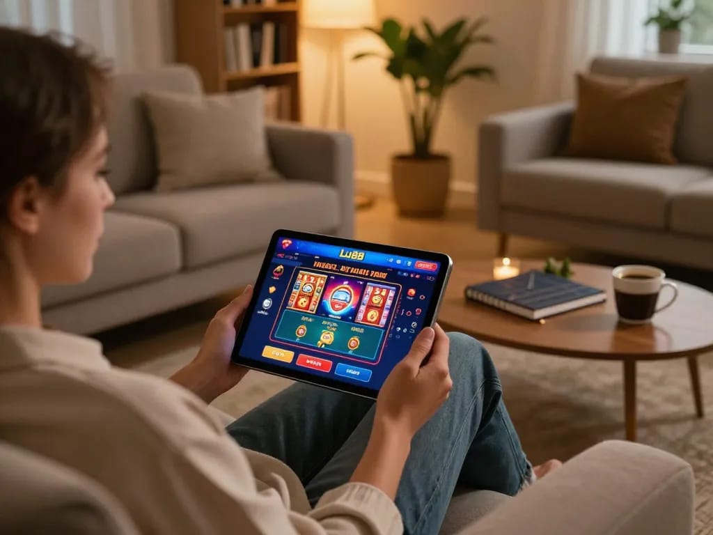 Player enjoying Lu88 online gaming on a tablet in a cozy home setting with strategy materials nearby.