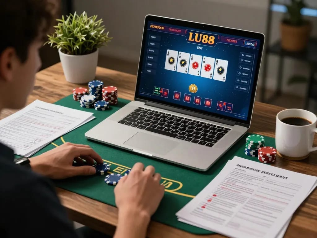 Player enjoying a thrilling game at LU88 online casino, engaged in strategic blackjack.