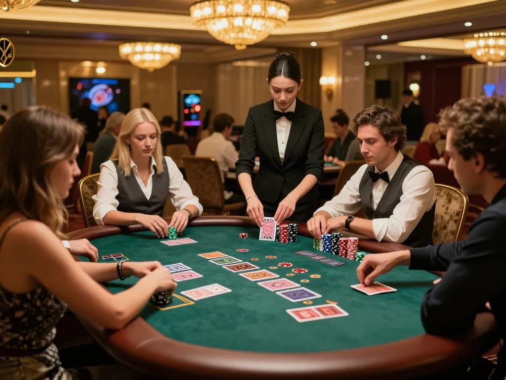 Players engaged in a thrilling blackjack game at vuabet88i casino, showcasing strategy and focus in a luxurious setting.