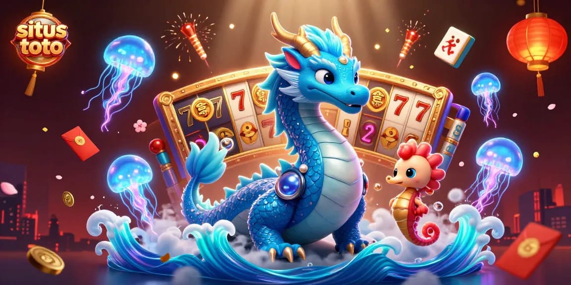 Menangkan jackpot di situs toto dengan karakter naga dan kuda laut dalam ilustrasi menarik.