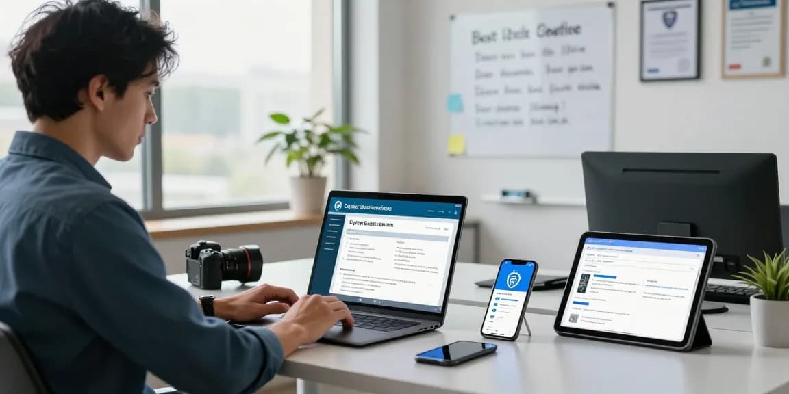 Consultant reviewing the cyber essentials questionnaire in a modern office setting, showcasing cybersecurity tools and compliance reports.